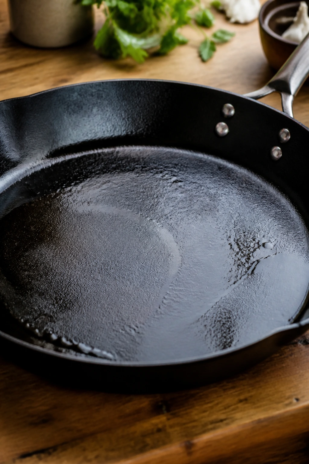 Close-up of a 12-inch skillet on a wooden counter highlighting essential cookware