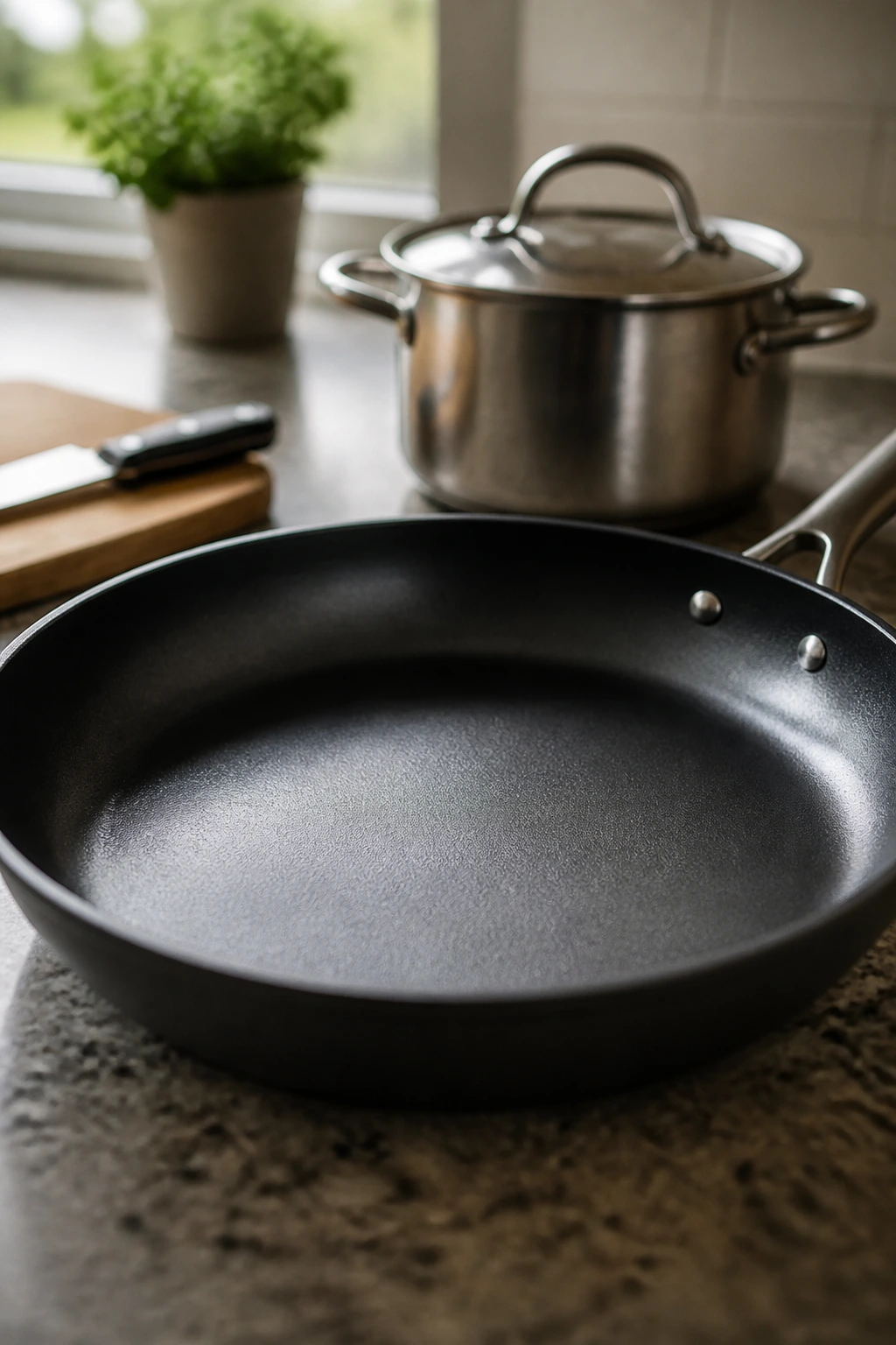 Large skillet dominating the frame as kitchen equipment