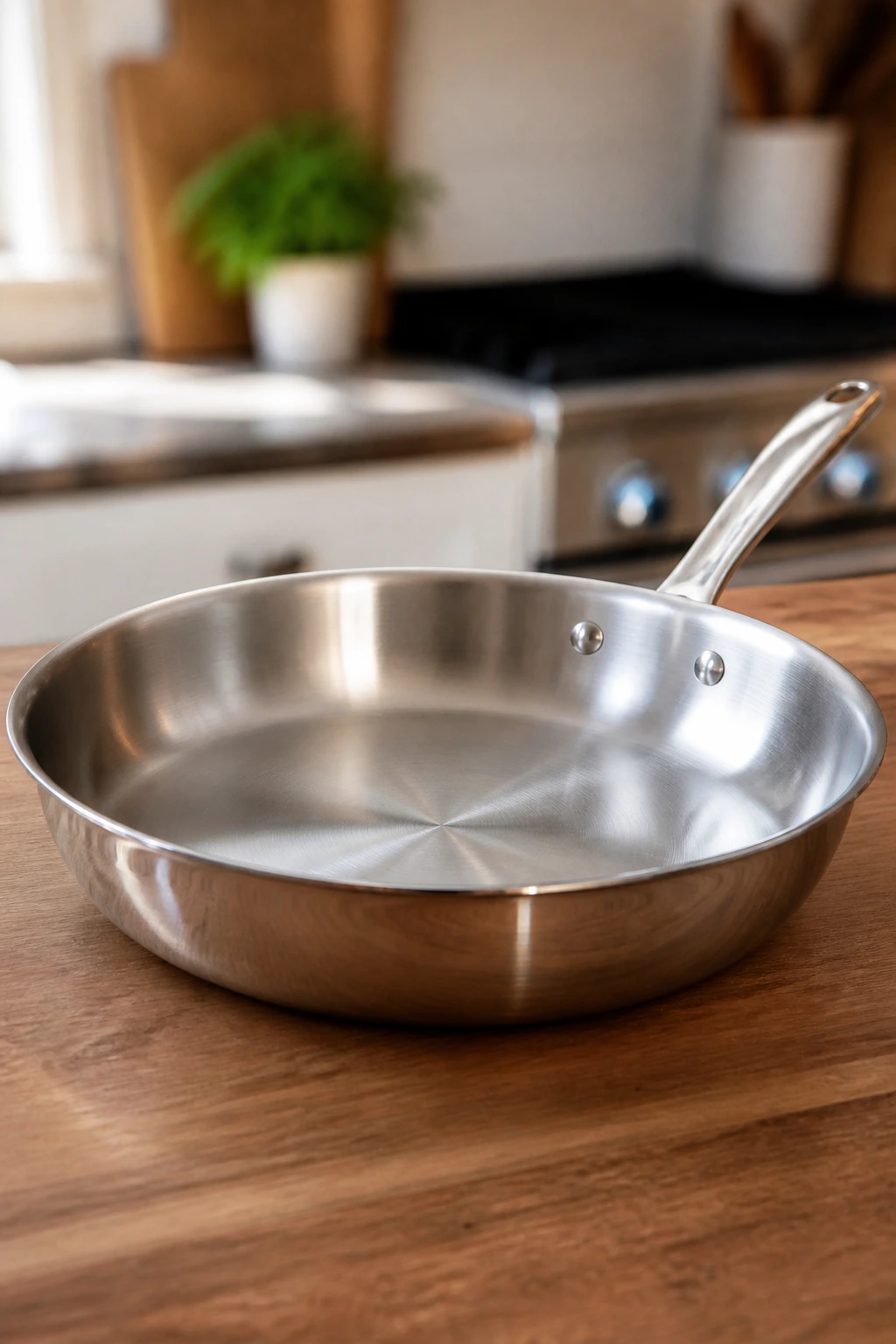 12-inch skillet on wooden counter in warm kitchen lighting