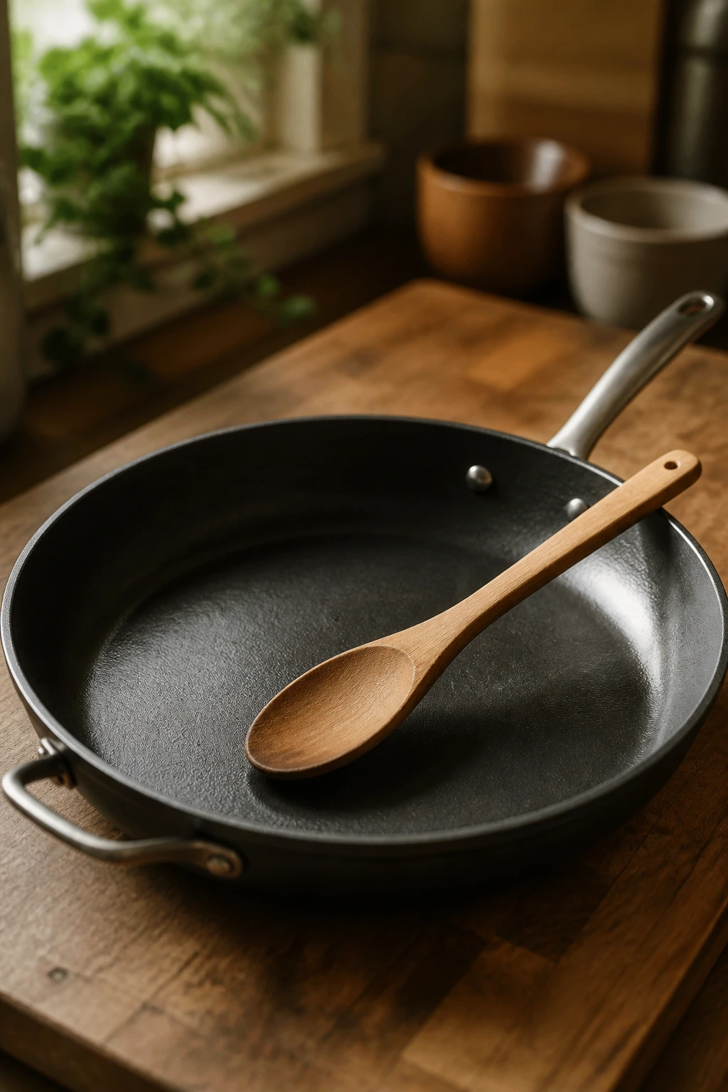 Close-up of a large skillet on a kitchen counter with a wooden spoon inside