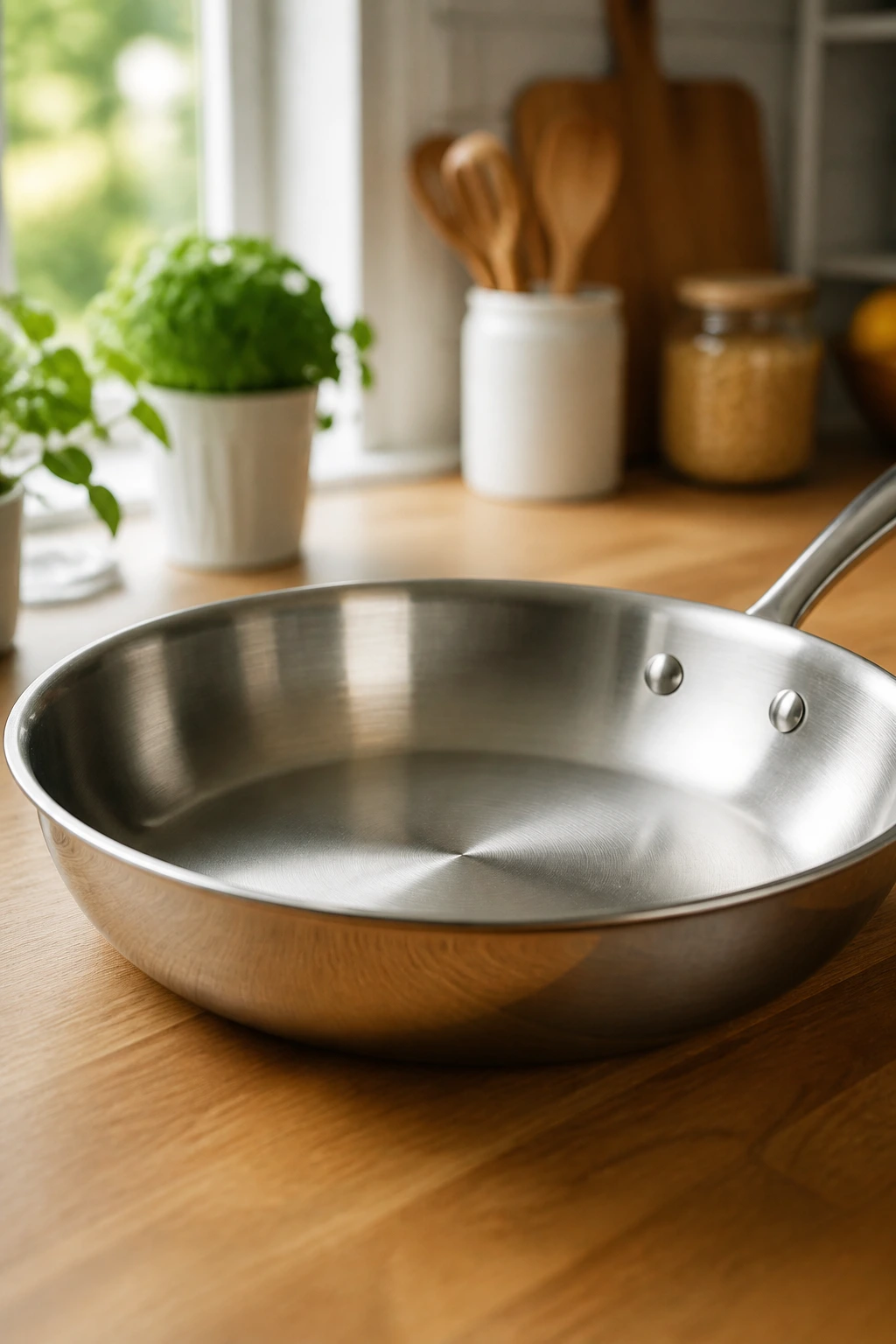 Close-up of a large skillet on a wooden countertop in a bright kitchen