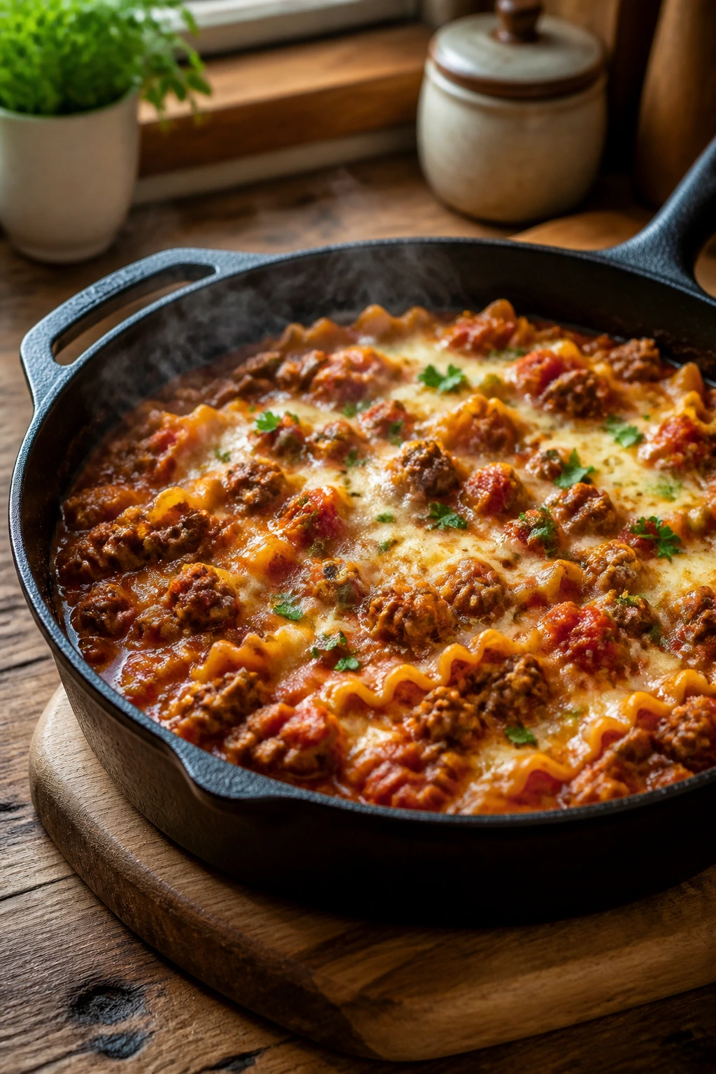 Close-up of a steaming cast-iron skillet with a hearty, saucy dinner dominating the frame