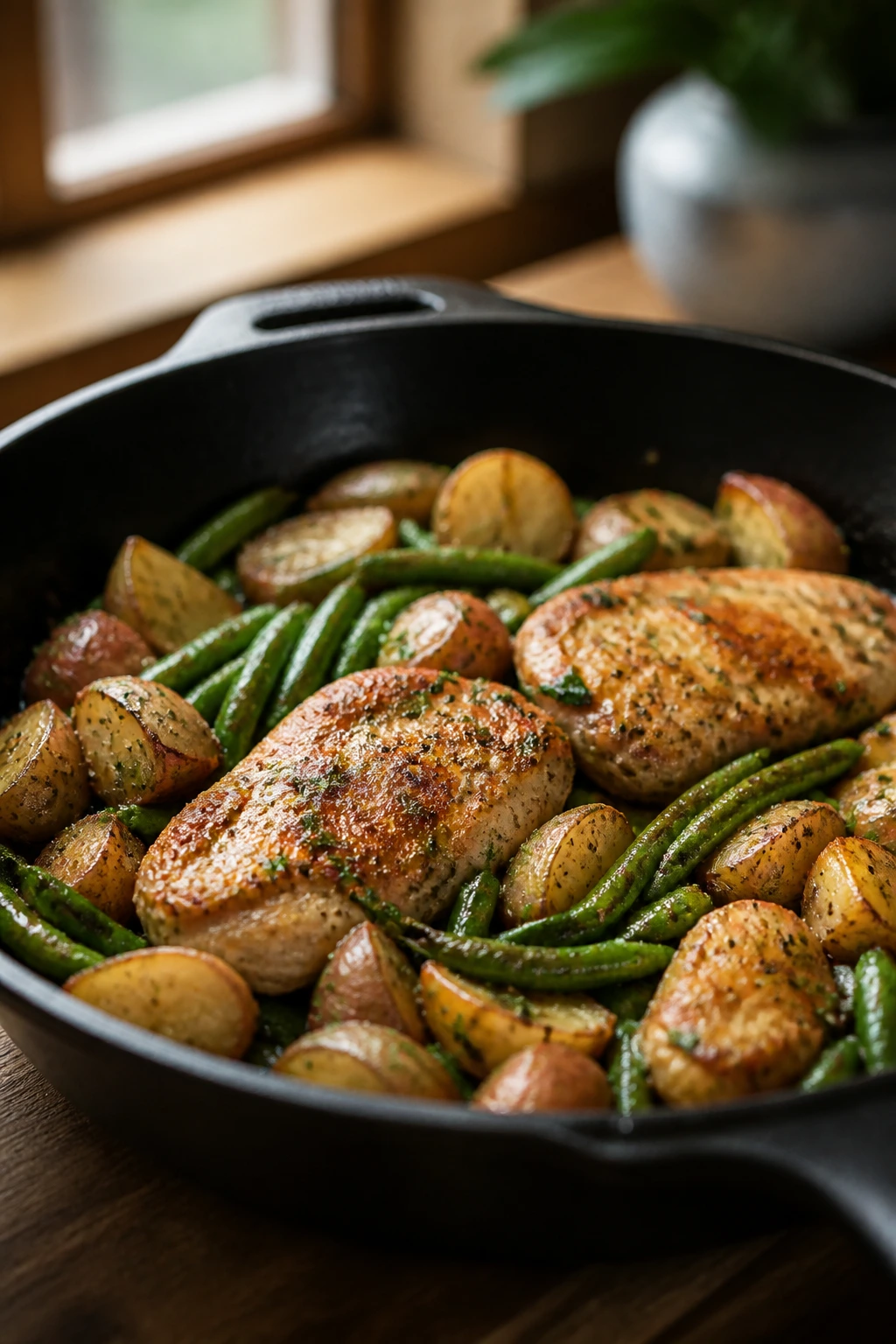 Close-up of a five-ingredient skillet dinner in a skillet on a warm kitchen counter