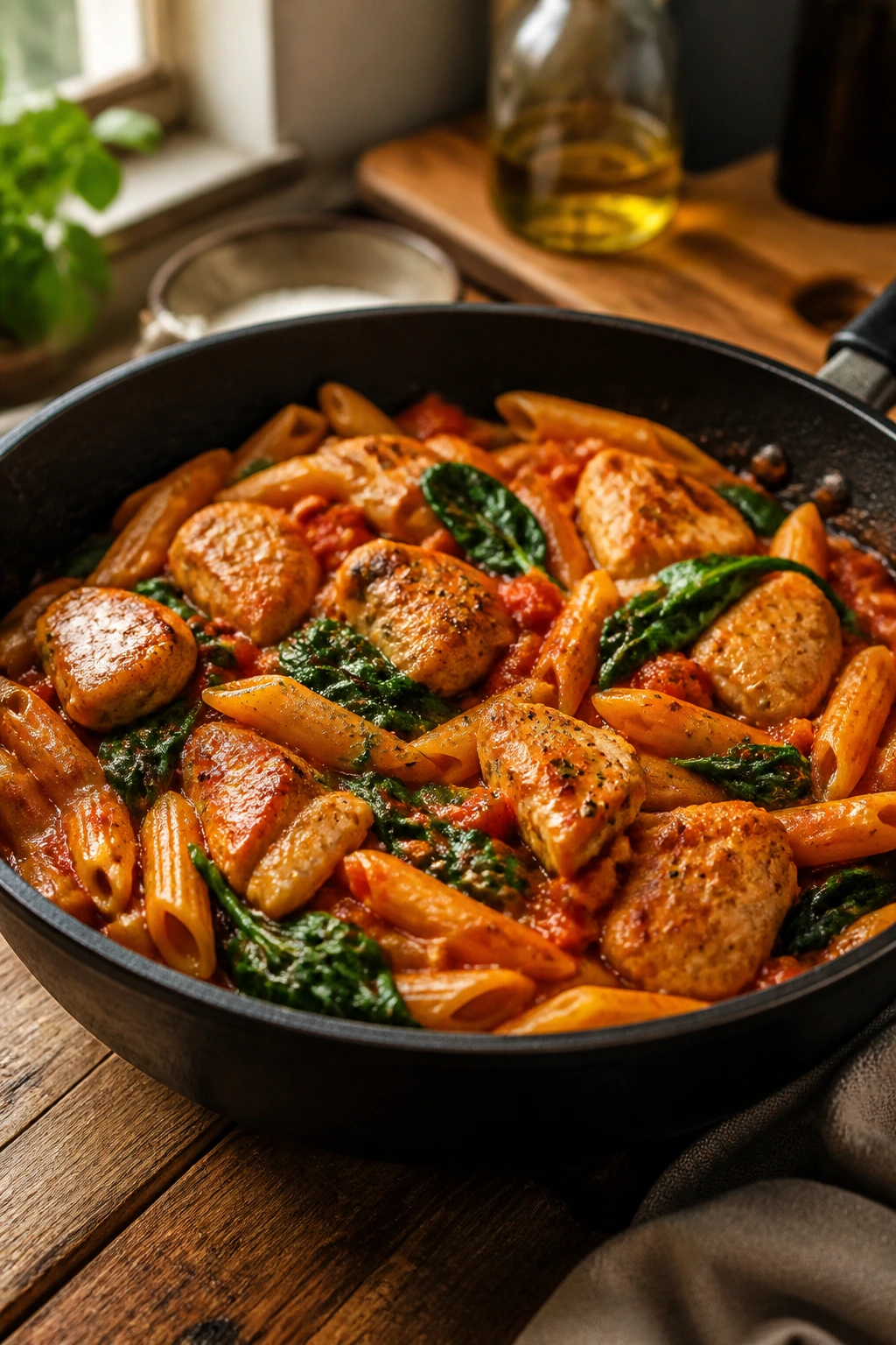 Close-up of a glossy skillet dinner highlighting five-ingredient simplicity in a cozy kitchen