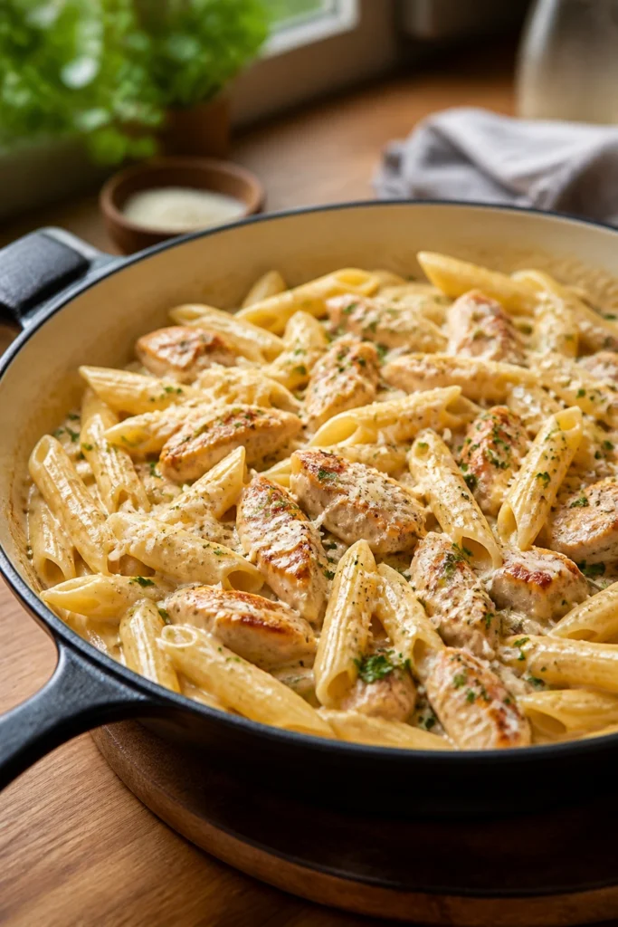 Creamy Garlic Parmesan Chicken and Penne Skillet Dinner