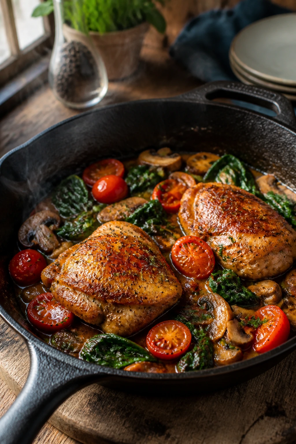 Close-up of a skillet dinner for two with two portions and glossy sauce