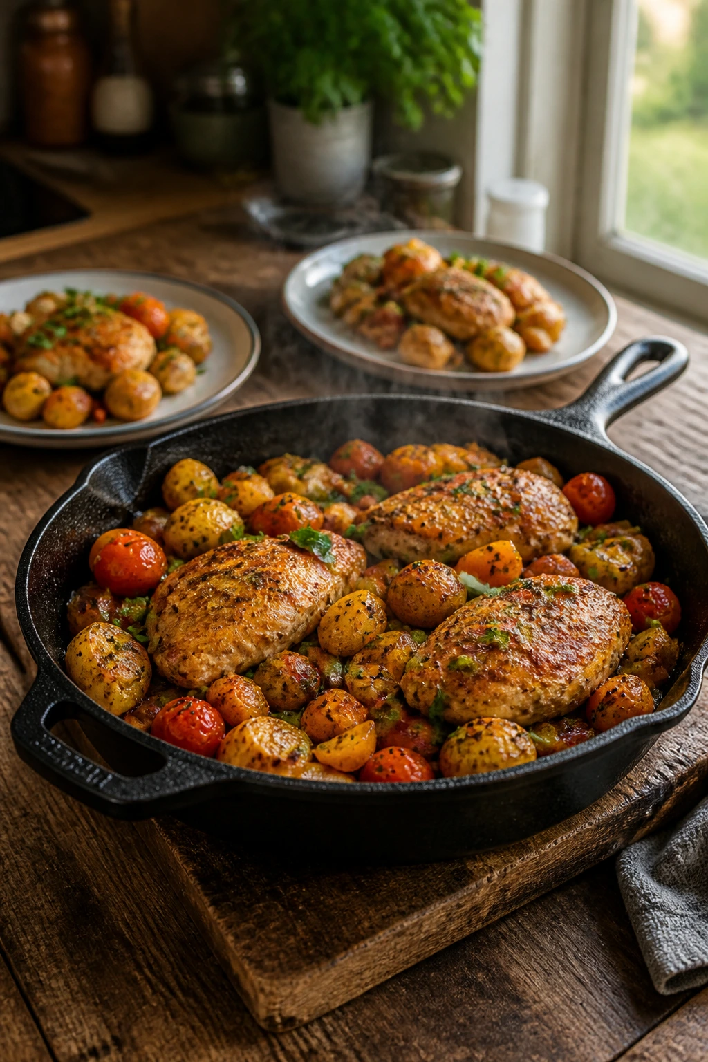 Close-up of a steaming skillet dinner for two in a rustic kitchen, two plates in the background