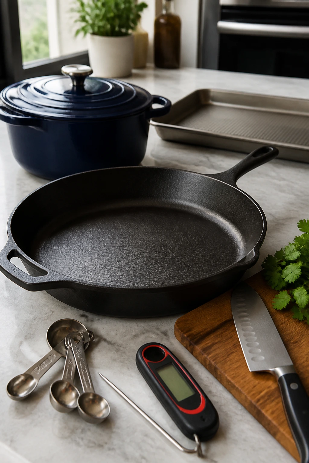 Hero cookware setup with skillet, Dutch oven, and sheet pan on a kitchen counter