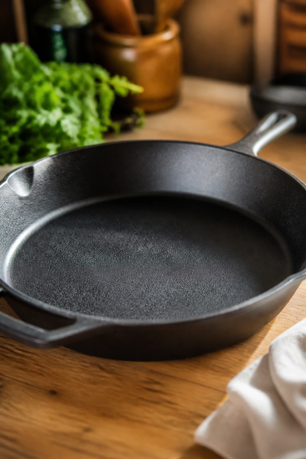Close-up of a large skillet on kitchen counter