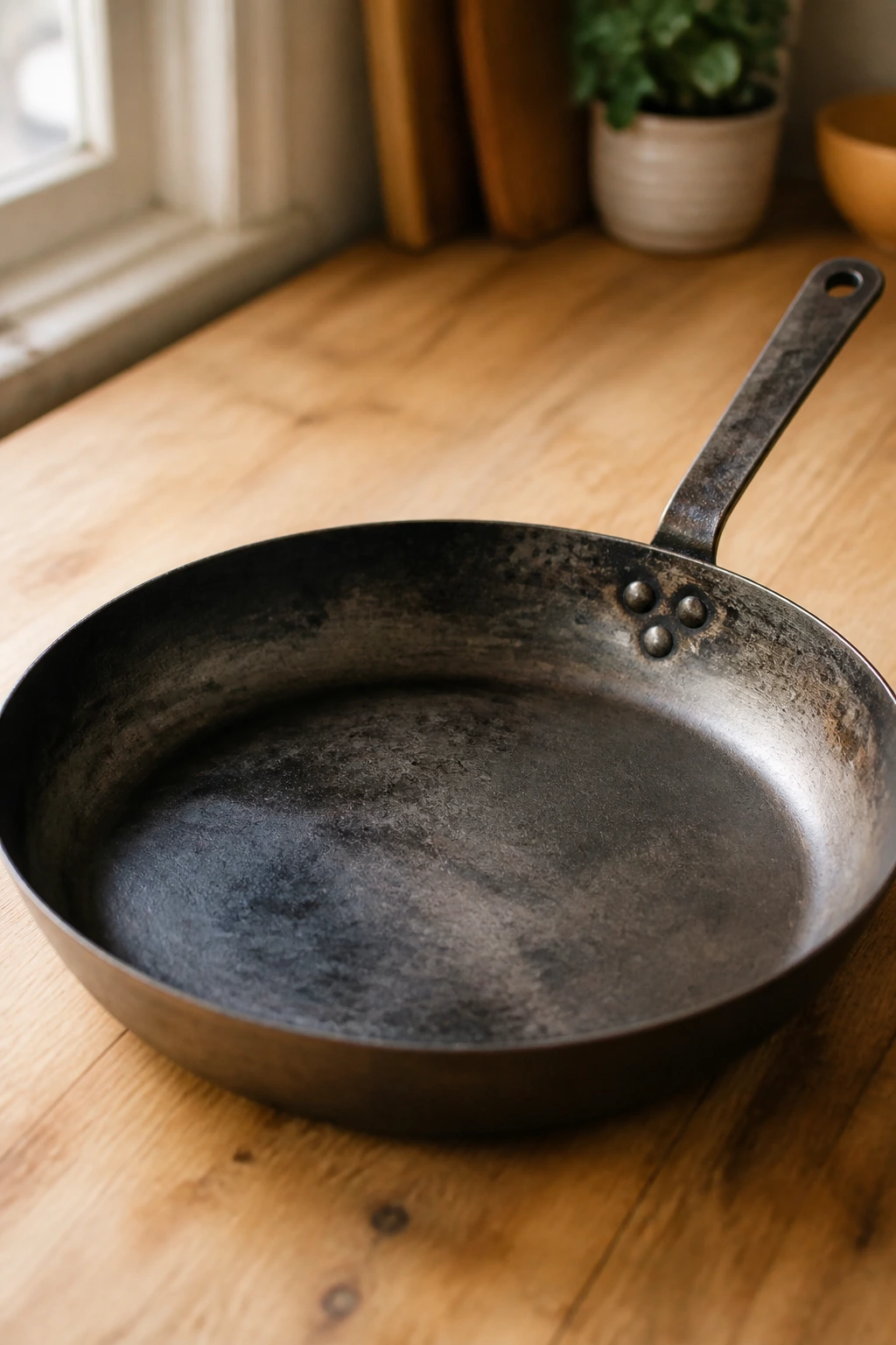 Close-up of a 12-inch skillet on a wooden counter.