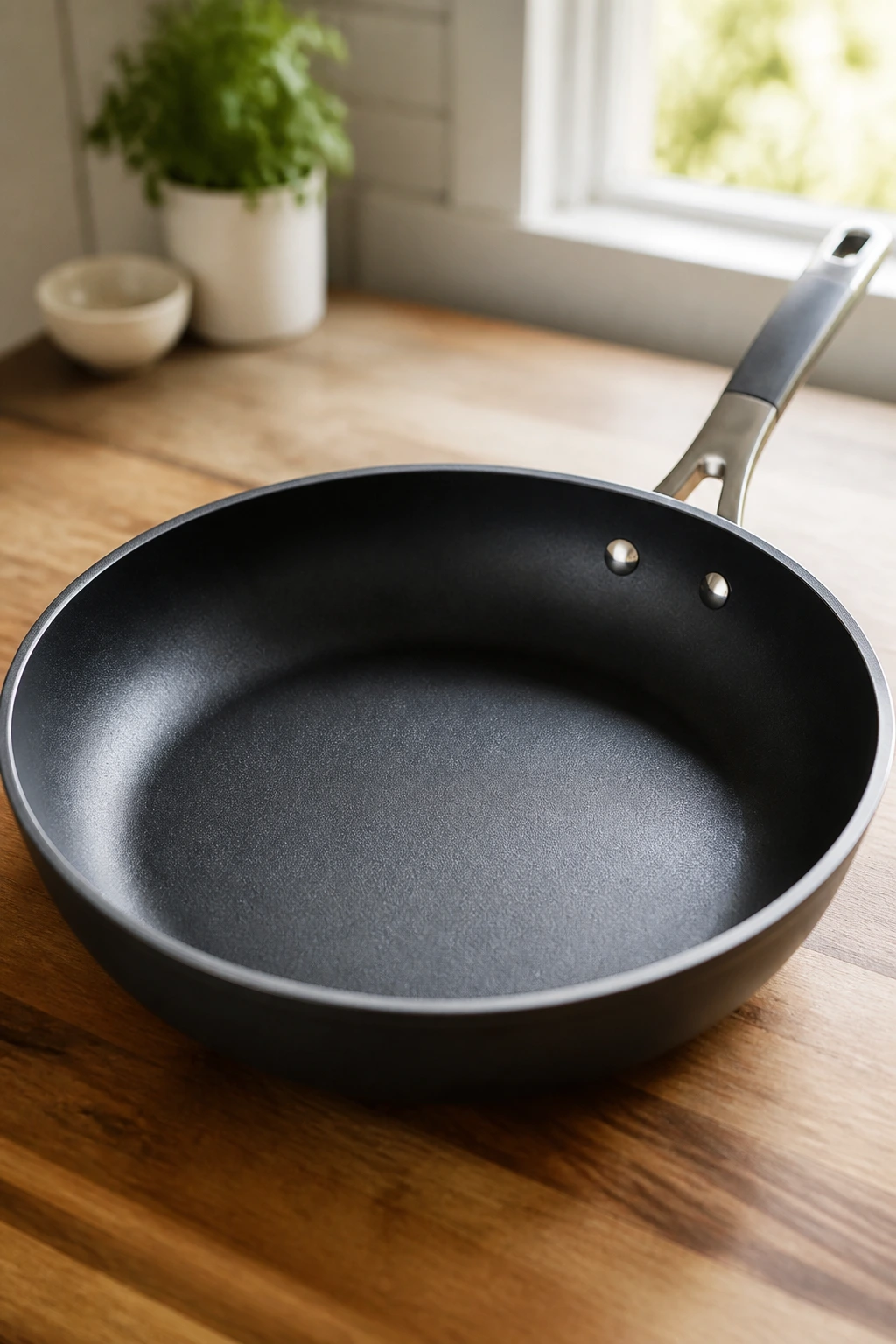 Close-up of a deep skillet in a bright kitchen