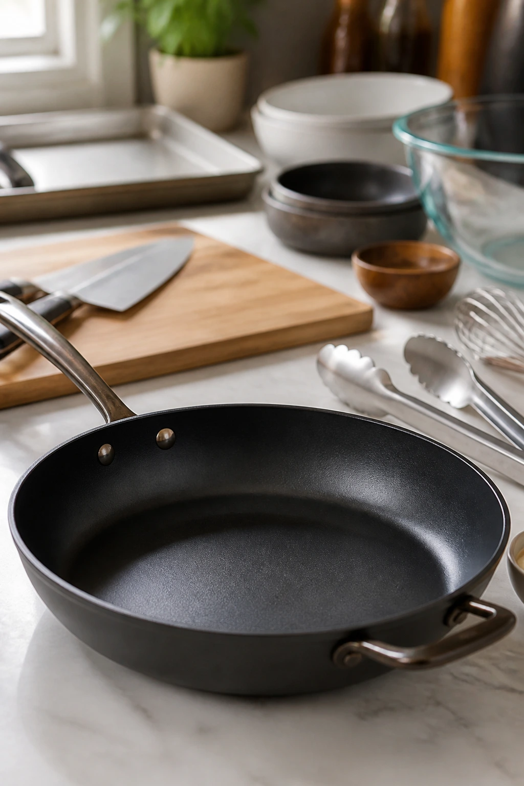 Close-up of a large skillet on a kitchen counter