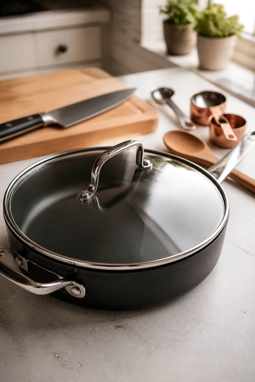 12-inch skillet with lid and essential tools on kitchen counter