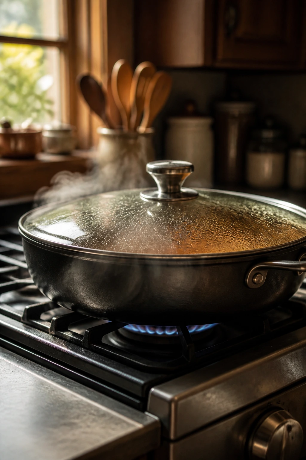 Close-up of a 12-inch skillet with lid on a kitchen stove