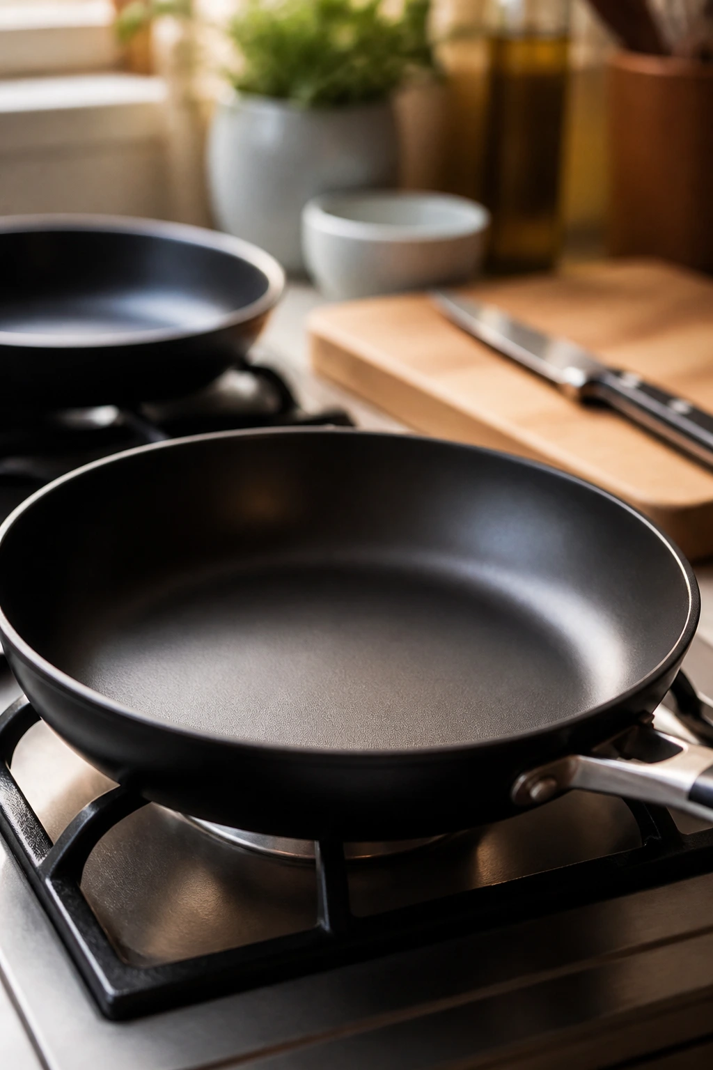 Large skillet on stove as the hero with a cutting board and pan in background