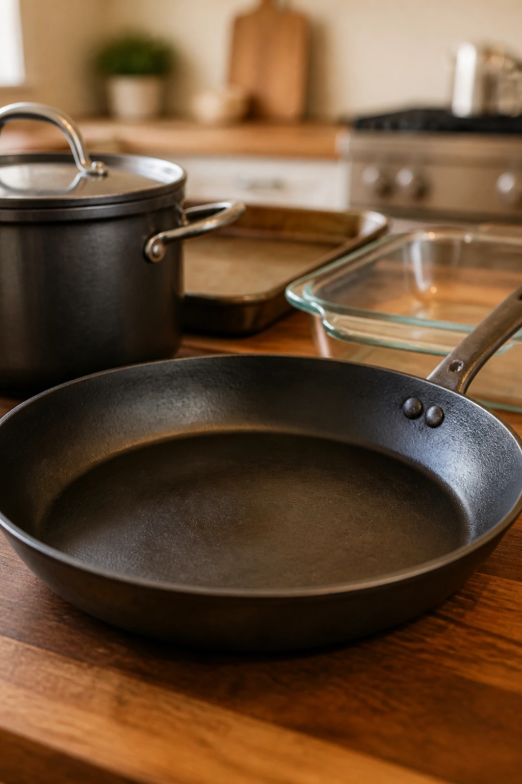 Close-up of a large skillet with other essential tools blurred in the background