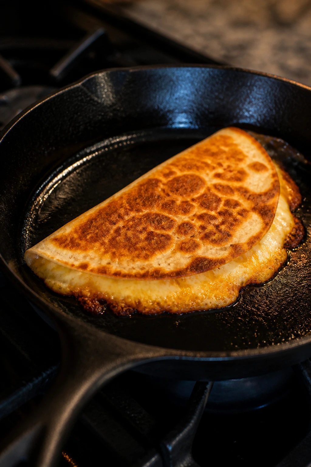 Skillet with crispy quesadilla browning on the stove