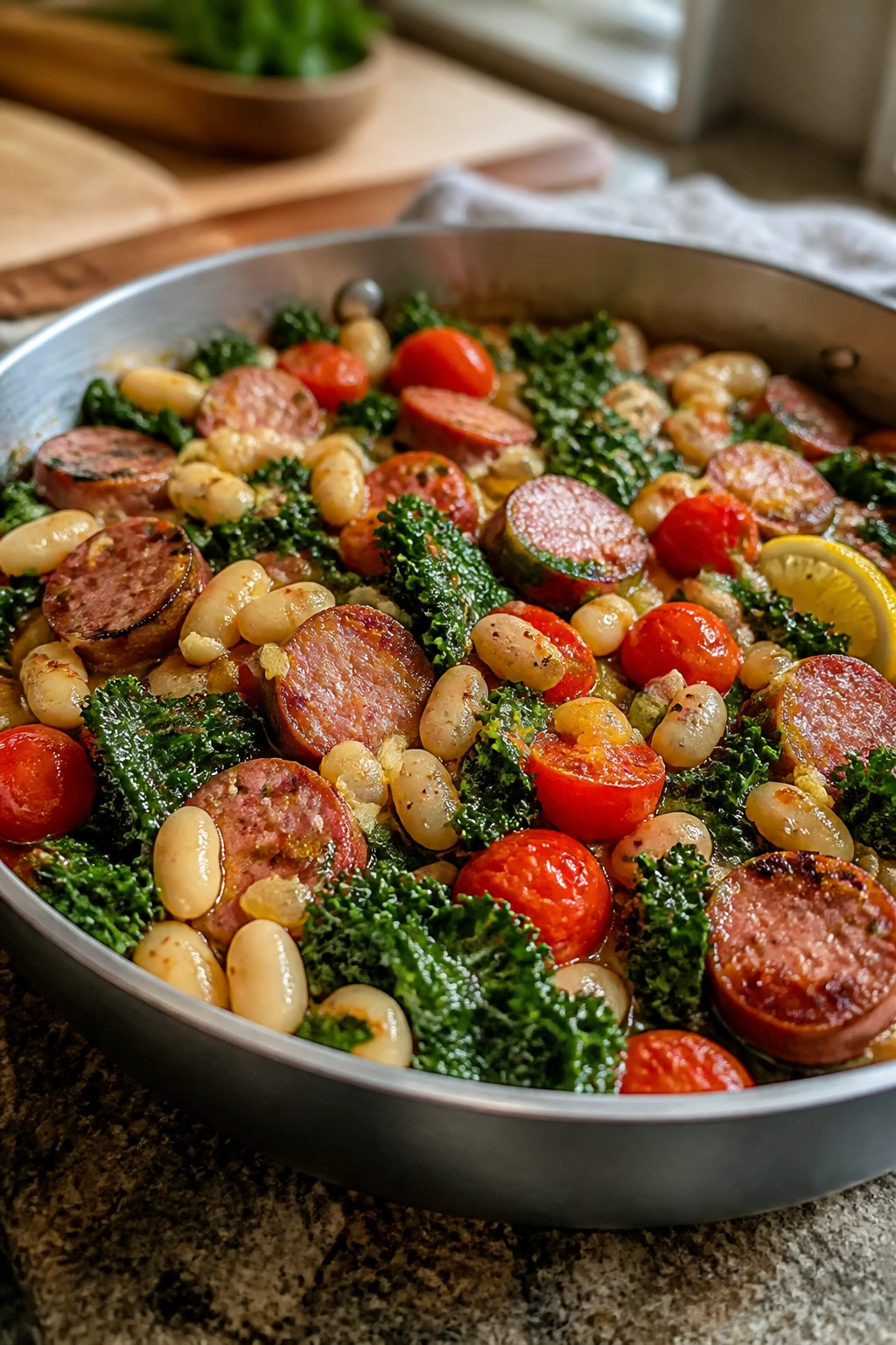 Close-up of smoked sausage, kale, and cannellini skillet filling the frame in a warm kitchen
