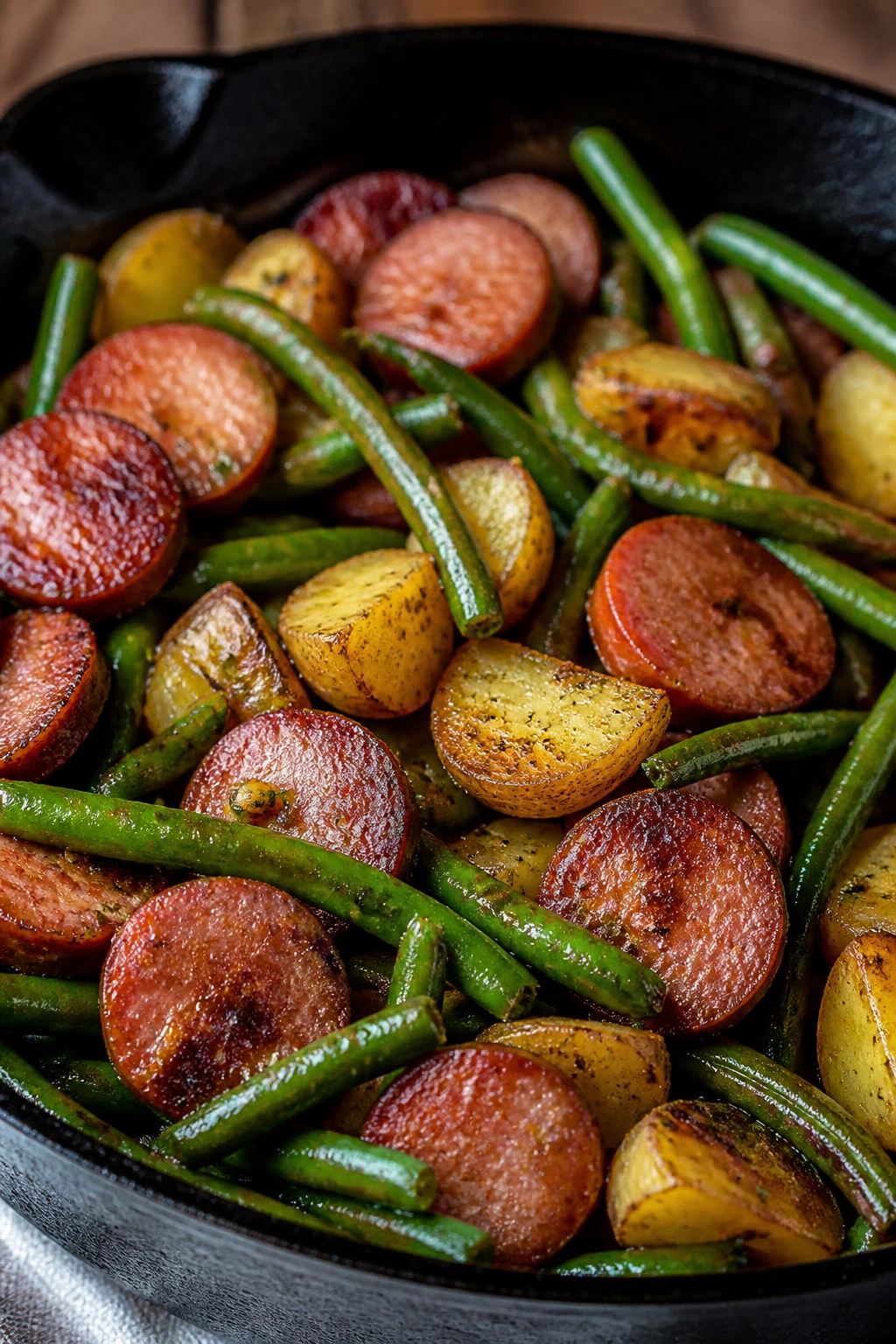 Skillet sausage with potatoes and green beans in cast iron skillet