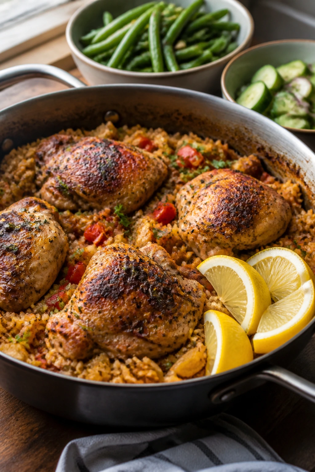 Close-up of a dairy-free chicken and rice skillet with lemon wedges