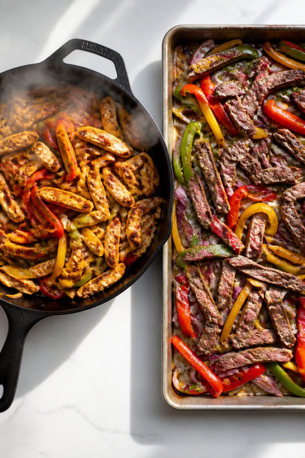 Skillet and sheet pan on kitchen counter