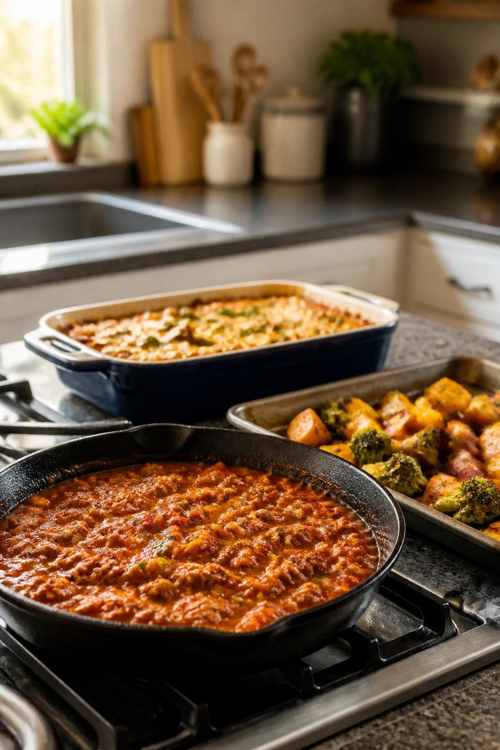 Kitchen scene showing a skillet, sheet pan, and casserole dish as examples of forgiving dinners