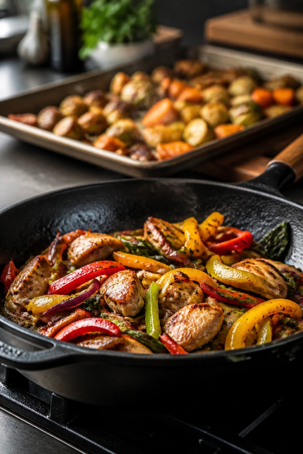 Sizzling skillet and sheet pan in kitchen