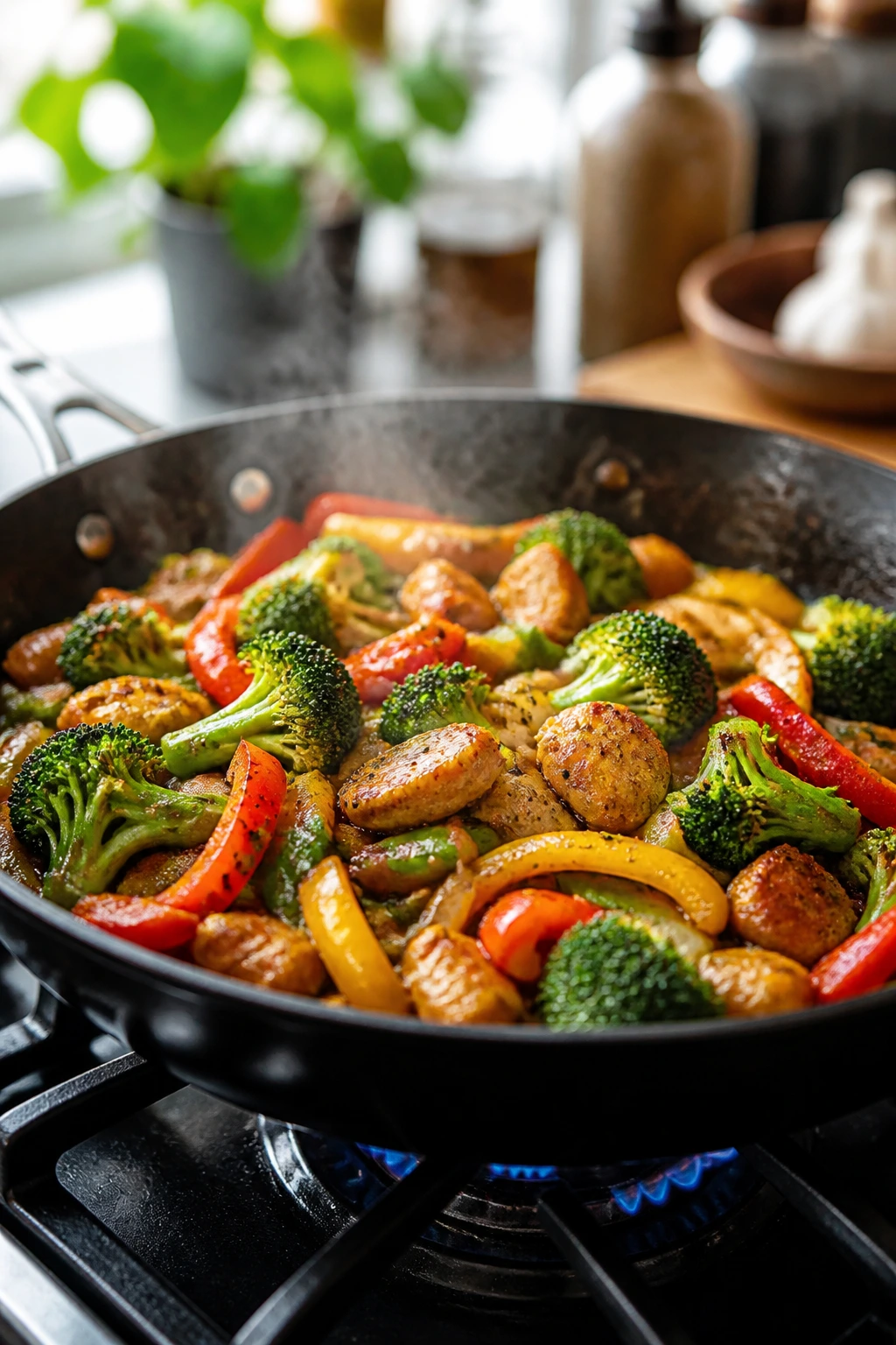 Close-up of a sizzling skillet with colorful stir-fry on a stove