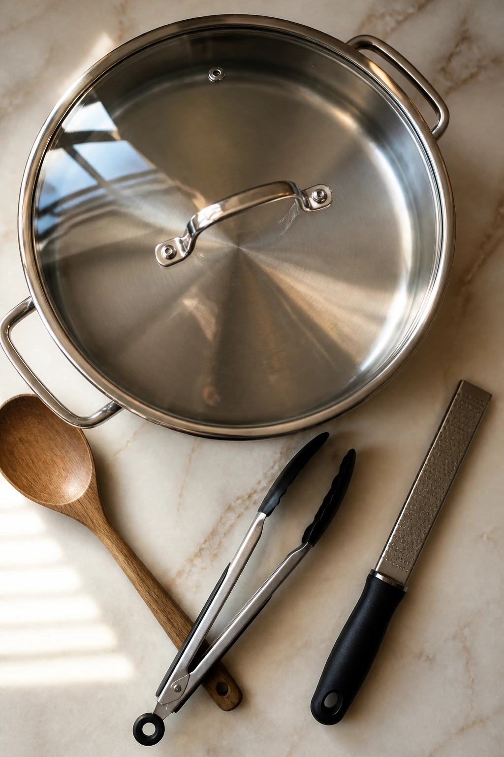 Skillet with lid and cooking tools arranged on a kitchen counter.
