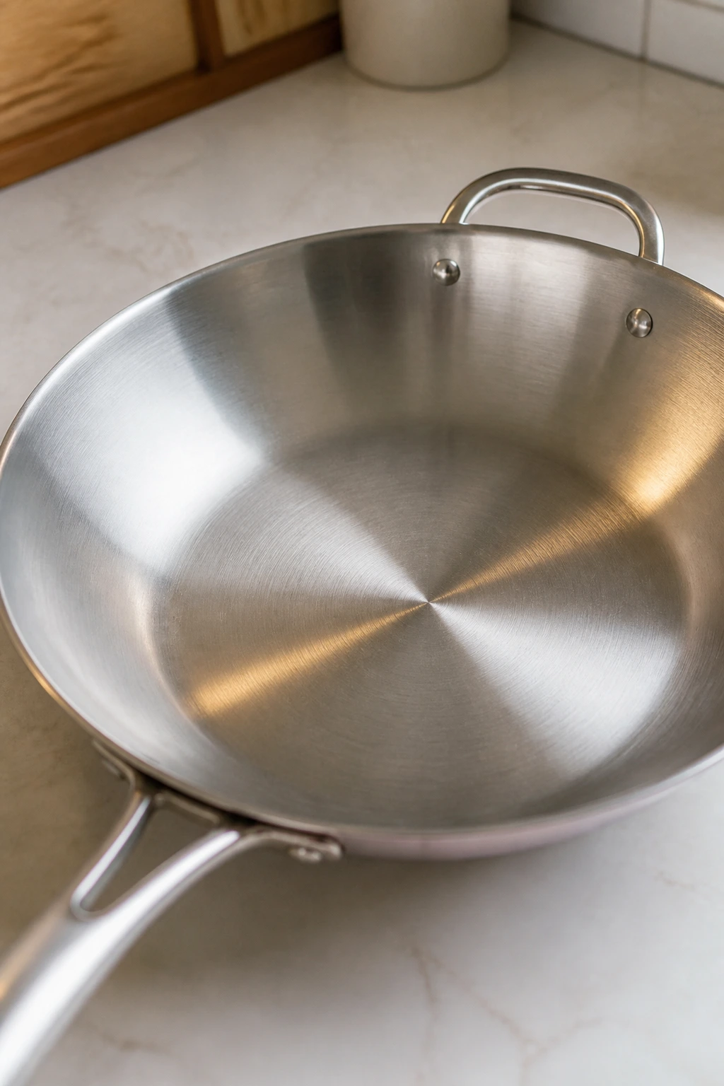 Close-up of a large skillet ready for cooking