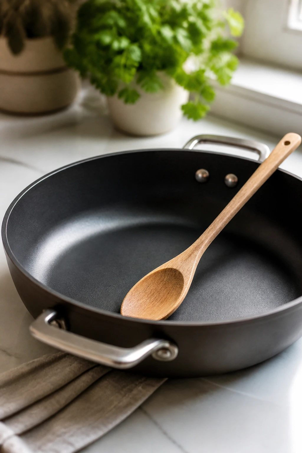 Close-up of a deep skillet with a wooden spoon in a kitchen setting