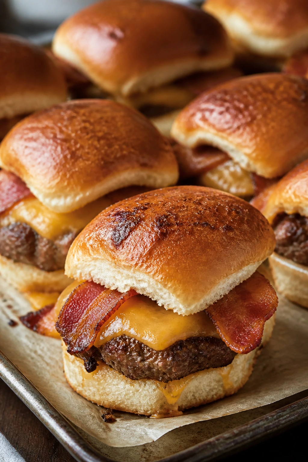 Bacon cheeseburger sliders with melted cheese on a tray