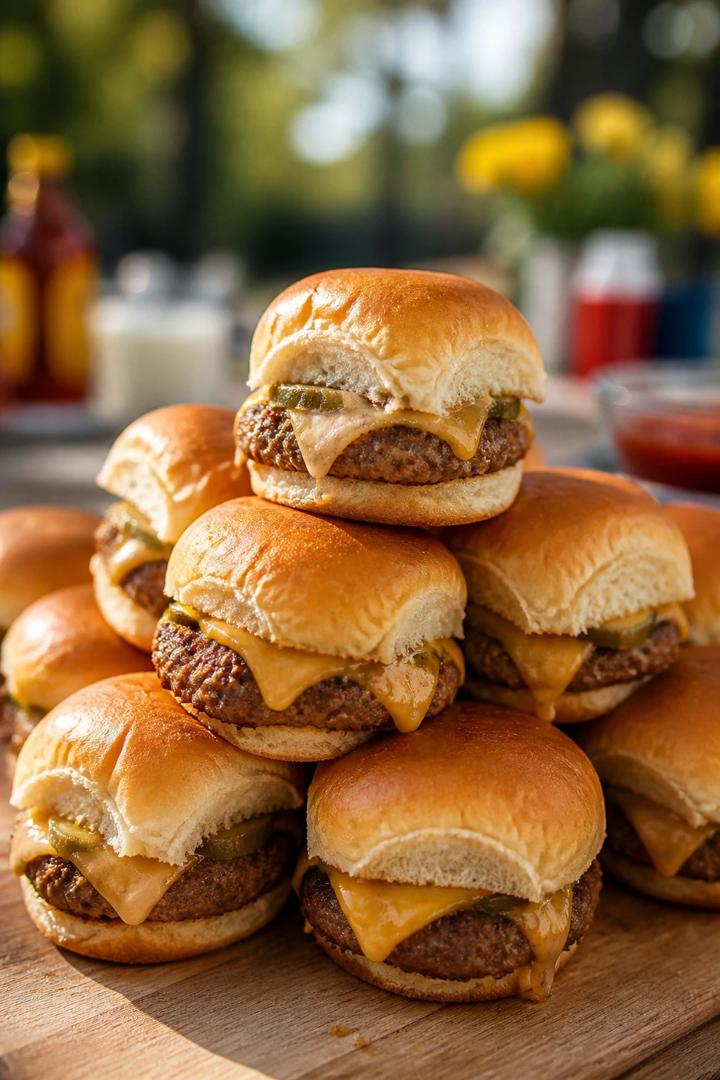 Close-up of classic cheeseburger sliders on a wooden table