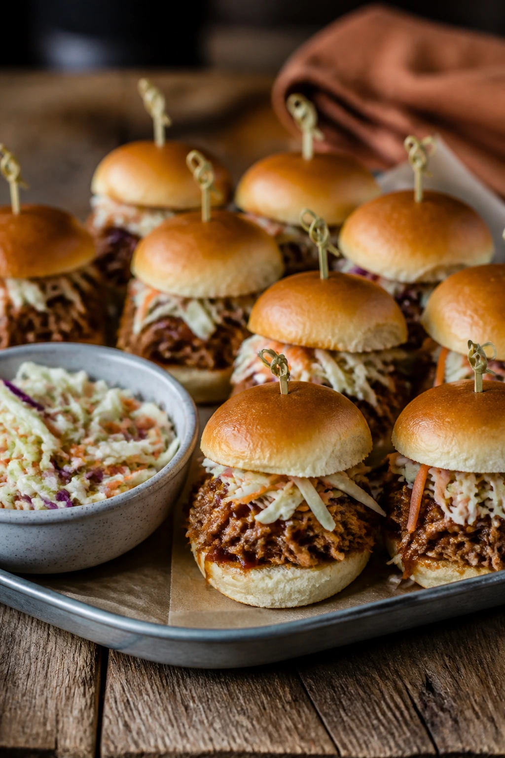 Tray of sliders with slaw on wooden table