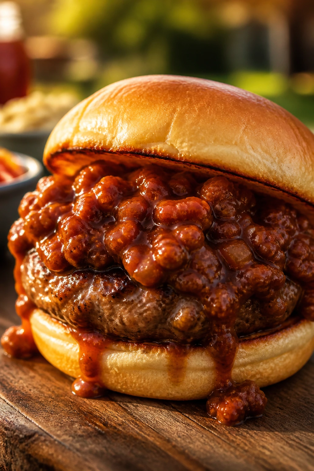 Close-up of a sloppy joe burger with tangy sauce on a toasted bun, filling the frame