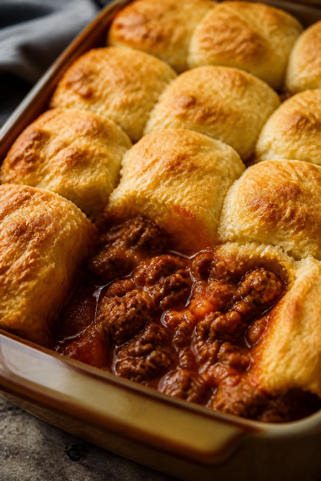 Close-up of bubbling Sloppy Joe Biscuit Casserole with a golden biscuit topping in a baking dish