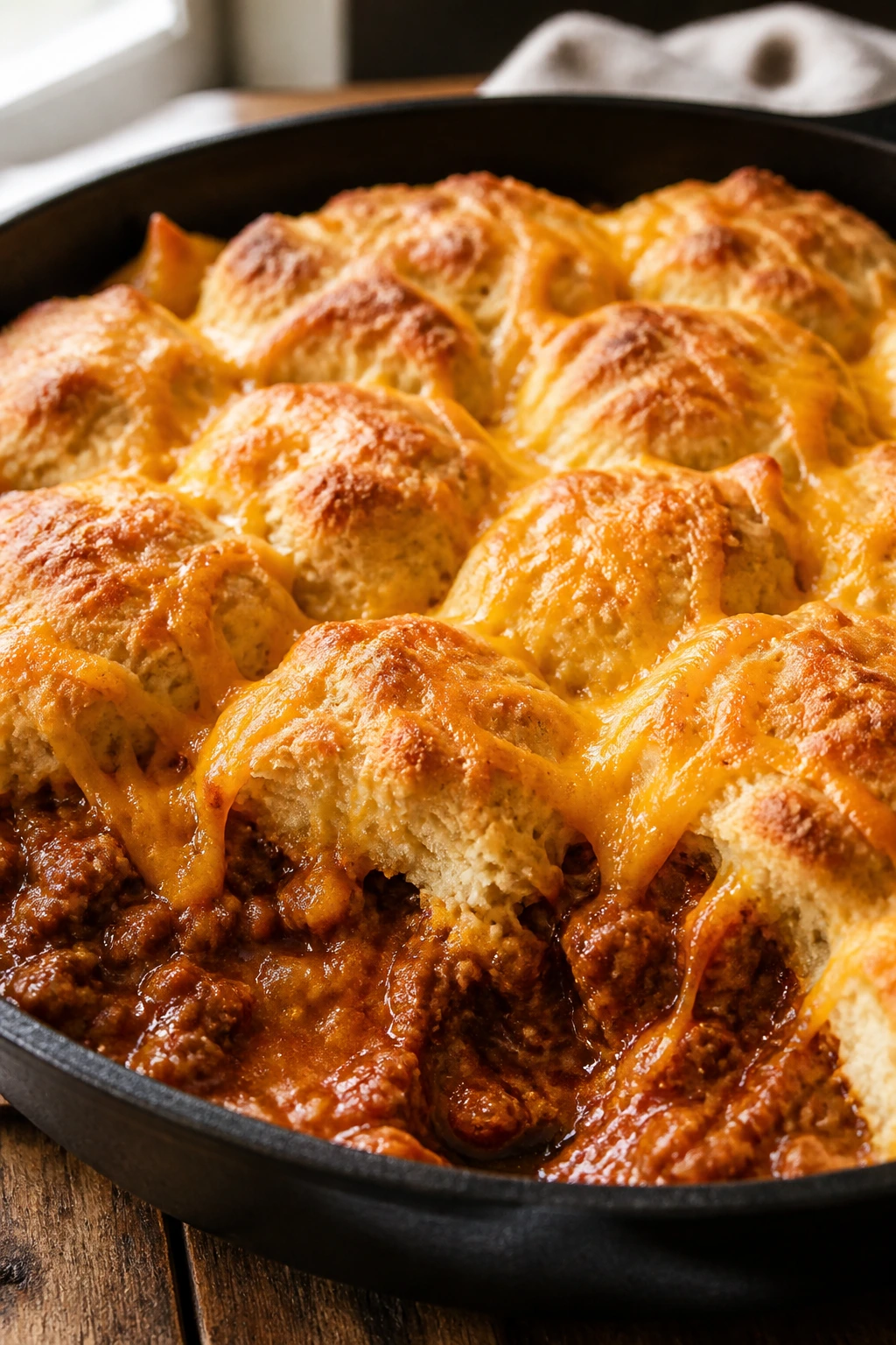 Close-up of Sloppy Joe Biscuit Casserole in a cast-iron skillet with cheddar cheese and biscuit topping