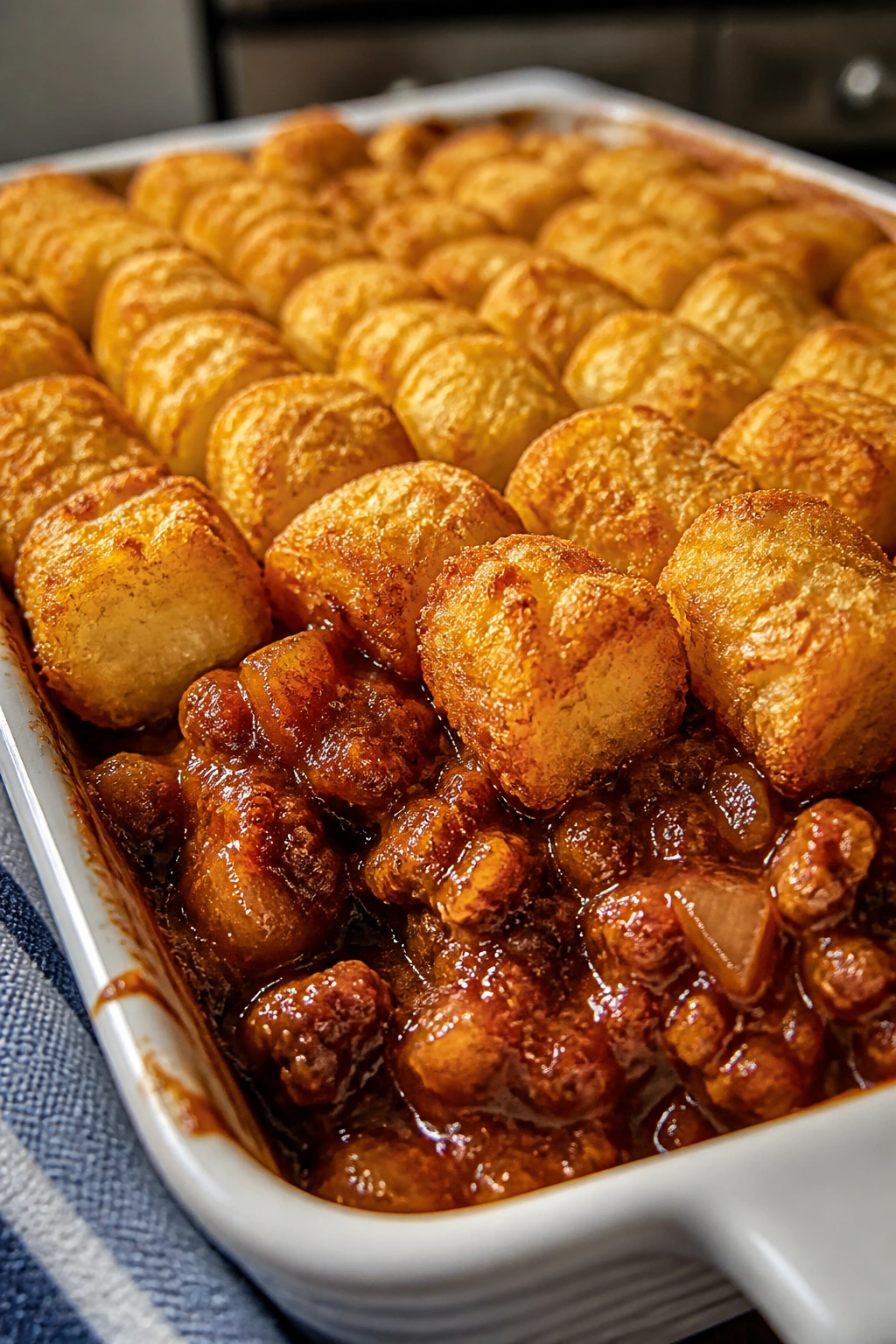 Close-up of sloppy joe casserole with tots on top