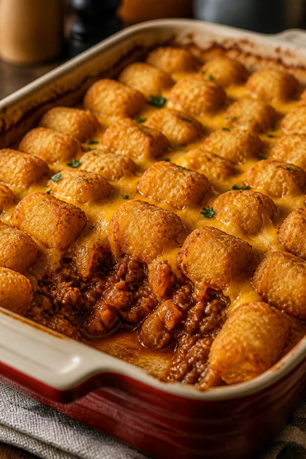 Casserole topped with crispy tater tots and melted cheese