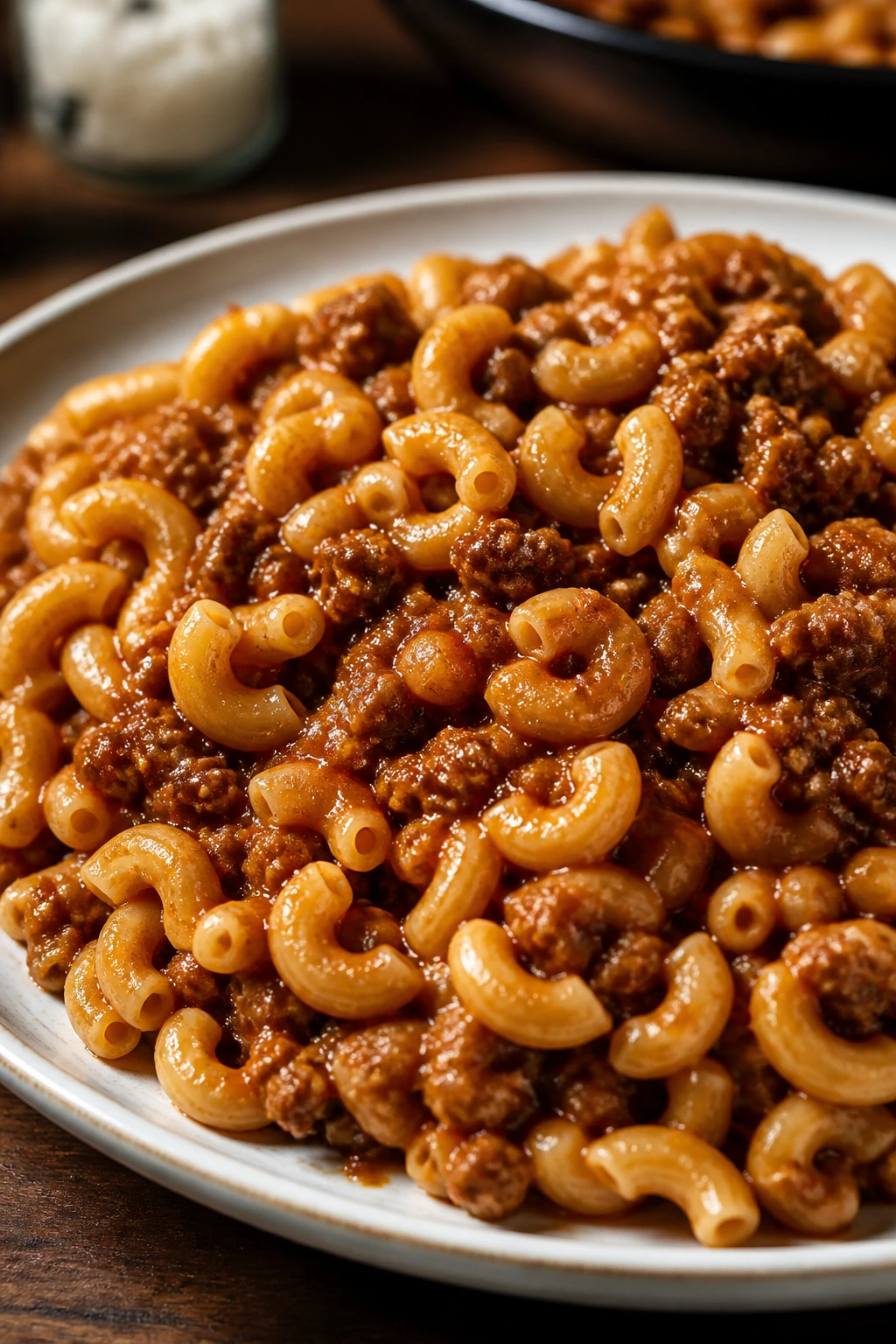 Elbow macaroni with sloppy joe sauce on a plate