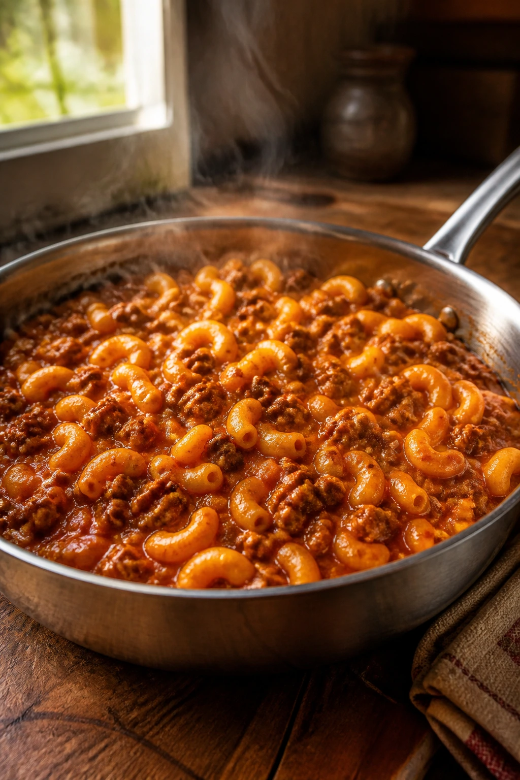 Close-up of sloppy Joe pasta skillet with beefy tomato sauce