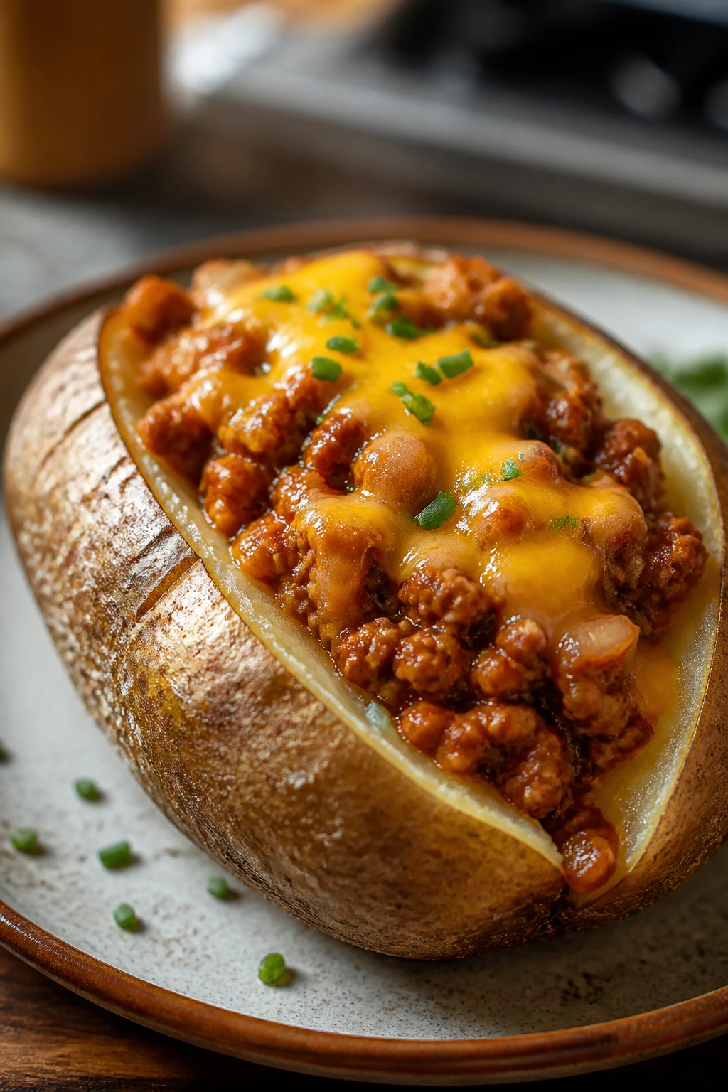 Sloppy Joe baked potato with crisp skin and saucy filling