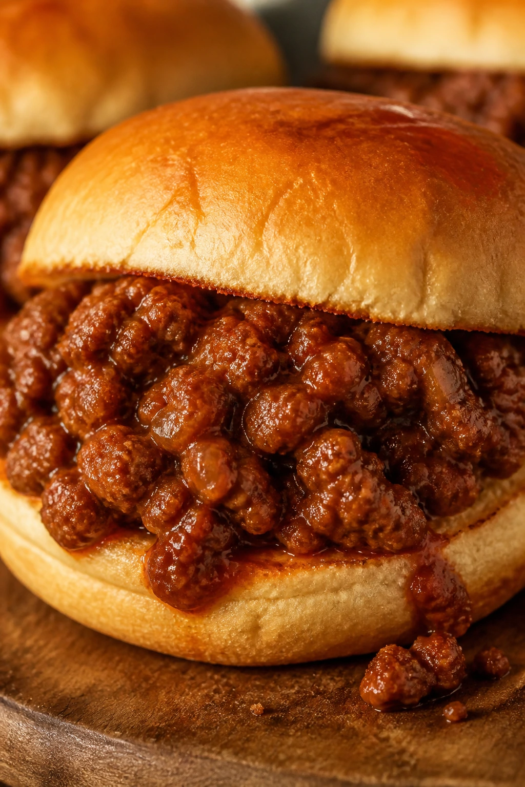 Close-up of a messy sloppy joe sandwich on a toasted bun