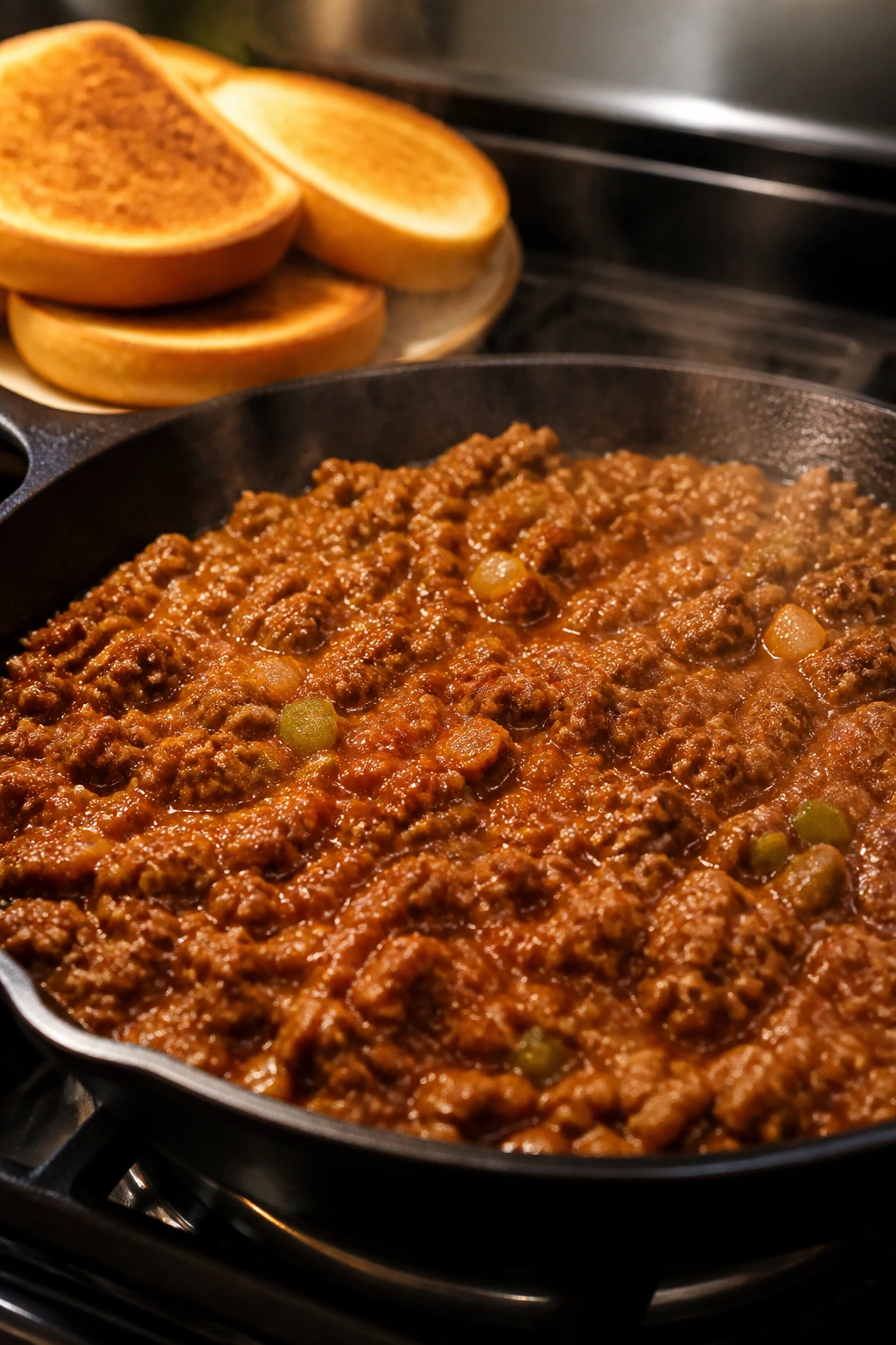Skillet with sloppy joe mixture and toasted buns