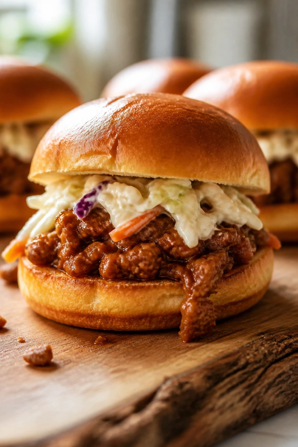 Close-up of a glossy sloppy joe slider with coleslaw on a wooden board in a warm kitchen