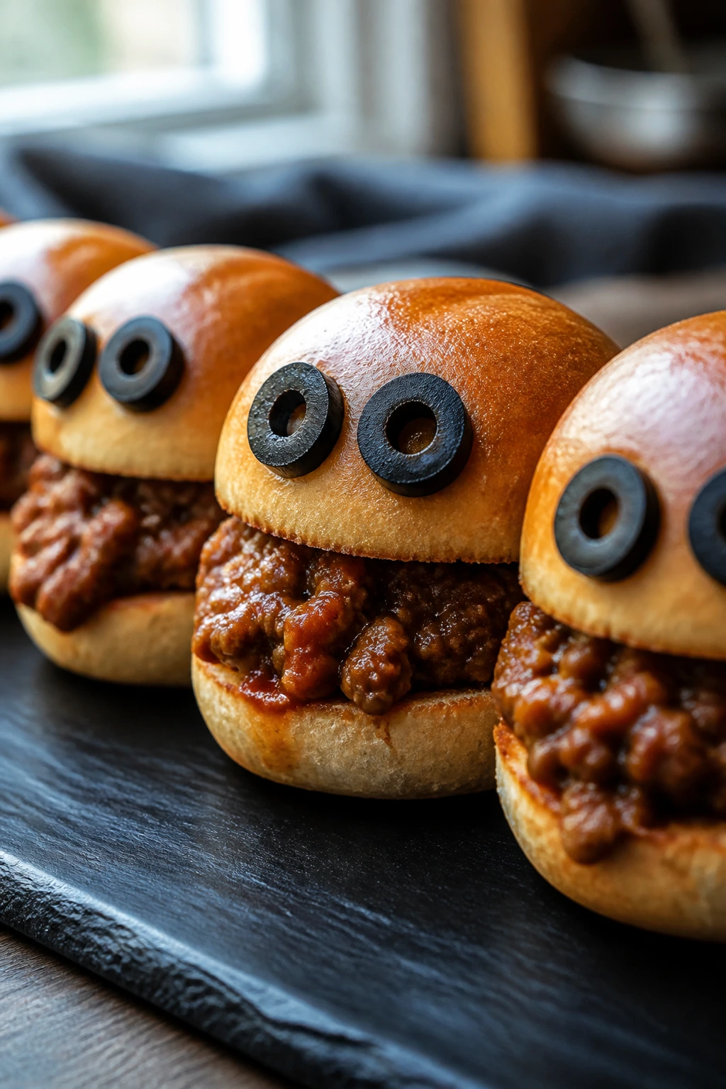 Close-up of Olive-Eyed Sloppy Joe Sliders with olive eye toppings.