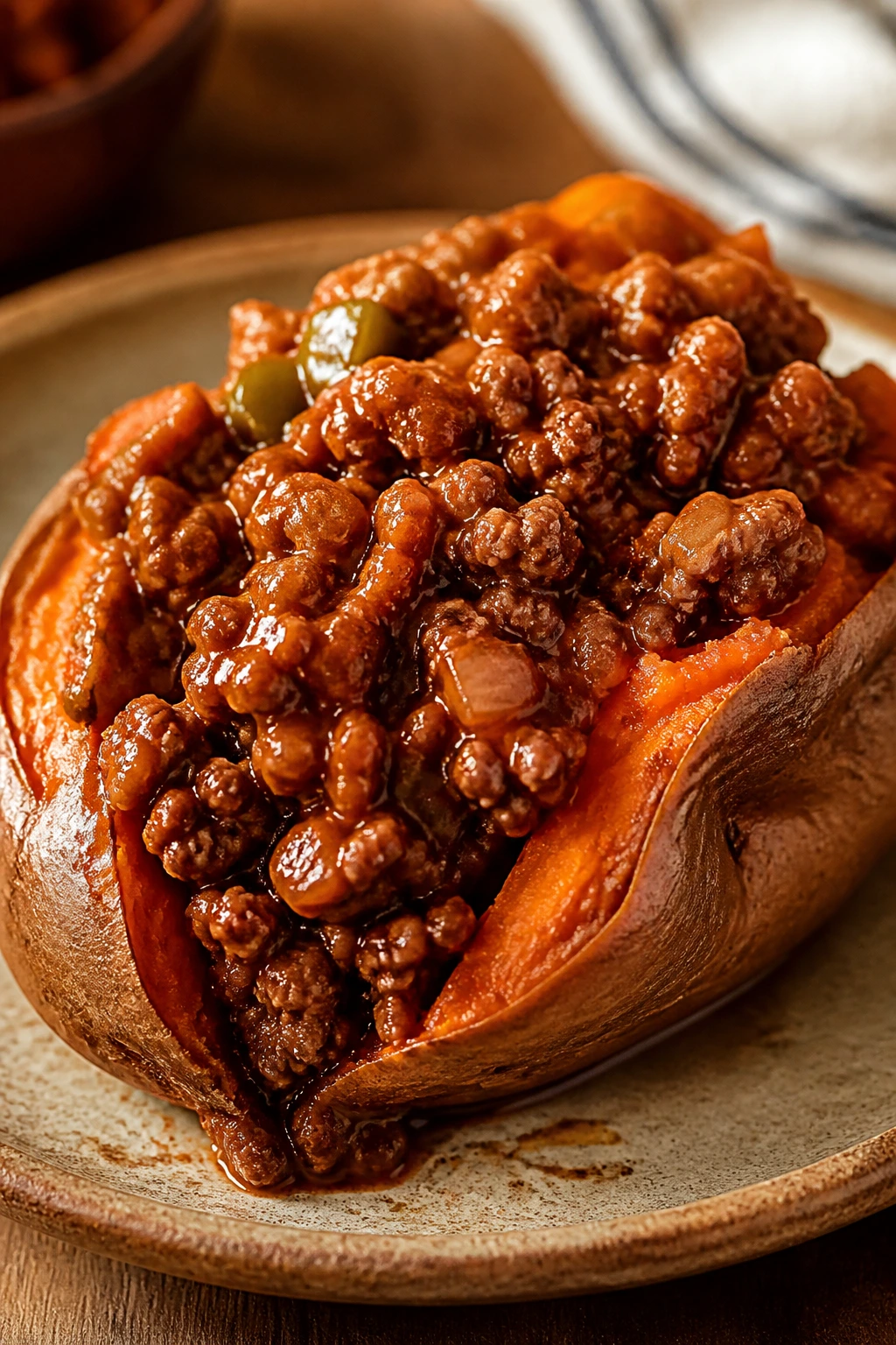Split baked sweet potato topped with sloppy joe beef