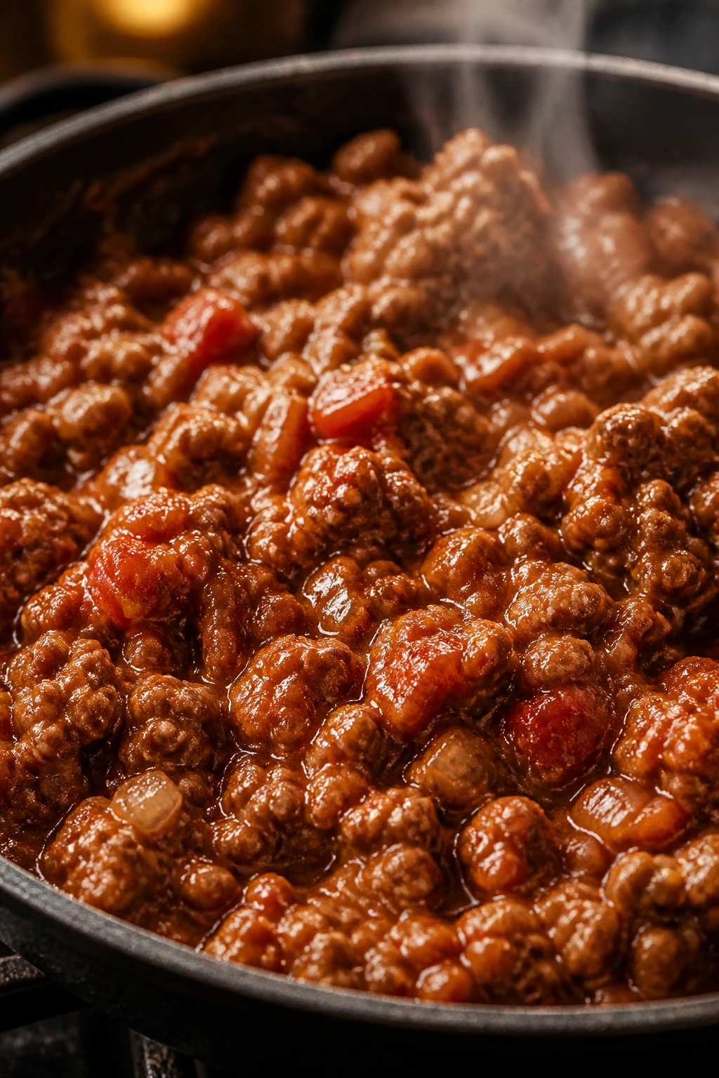 Close-up of glossy sloppy joe meat in a skillet with thick tomato sauce