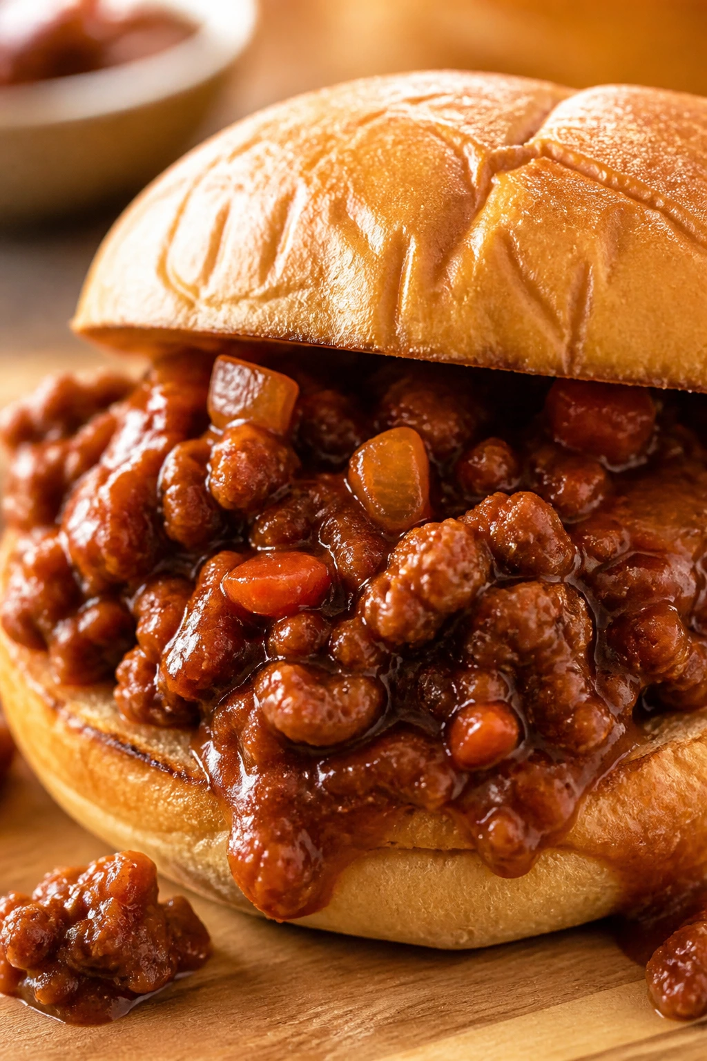 Close-up of glossy sloppy joes on a toasted bun in a warm kitchen
