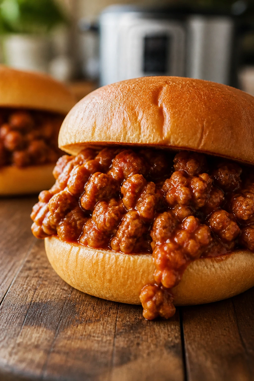 Saucy sloppy joe filling on a toasted bun on a rustic table